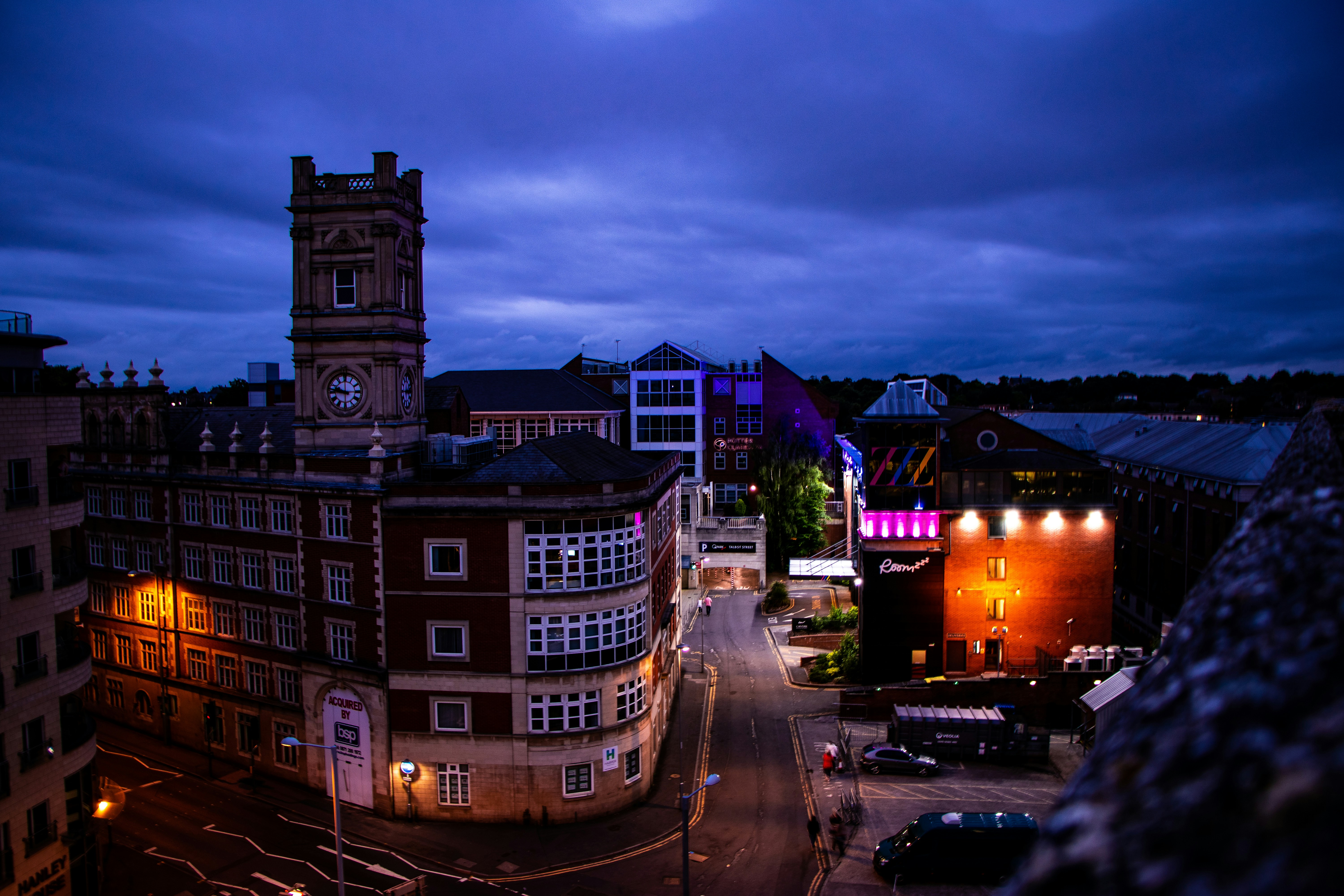 Illuminated building in Nottingham city captured at night.